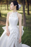 Halter Neck Wedding Dress,satin Bridal Dress ,floral Bridal Dress,luxury Wedding Dress