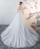 White Round Neck Tulle Lace Long Bridal Gown Lace Wedding Dress,midsleeve bridal dress