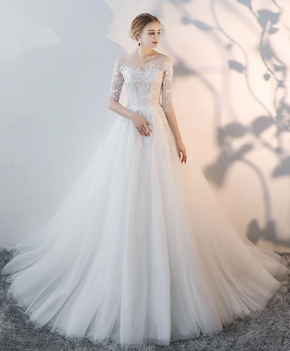 White Round Neck Tulle Lace Long Bridal Gown Lace Wedding Dress,midsleeve bridal dress
