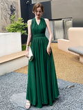 Halter evening dress,  temperament green prom dress, wedding guest dress