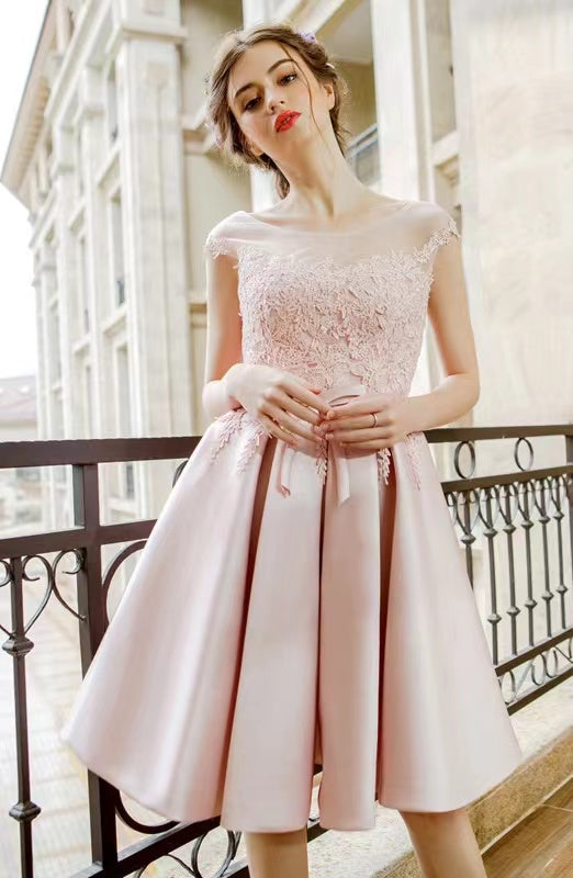 Sleeveless Evening Dress, Pink Homecoming Lace Dress, Short Bridesmaid Dress