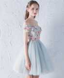 Gray Blue Tulle Lace Applique Short Prom Dress, Cute Homecoming Dress