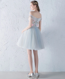 Gray Blue Tulle Lace Applique Short Prom Dress, Cute Homecoming Dress