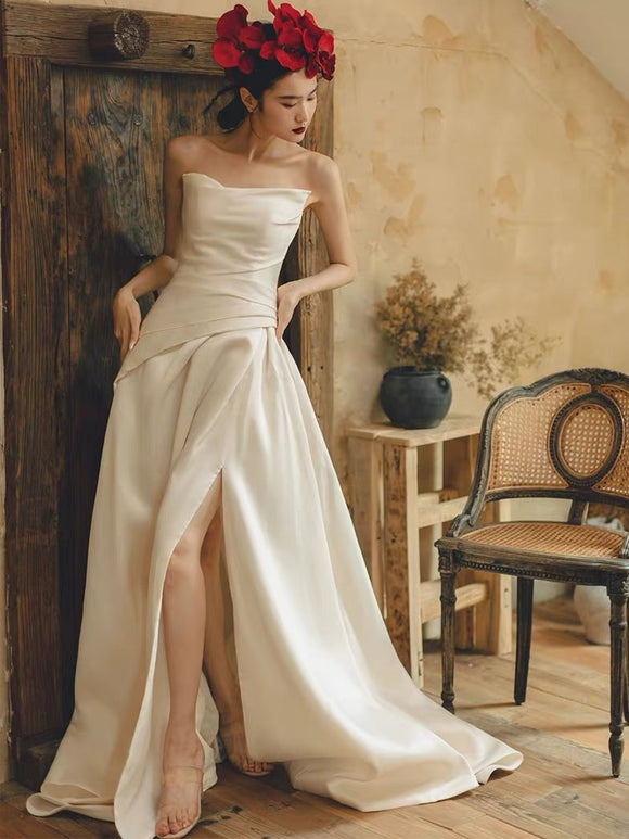 Strapless Wedding Dress, Luxury Small Luxury Satin Dress, Simple Split Travel Shot Wedding Dress