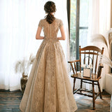 Champagne  Wedding Dress, Heavy Bead Prom Dress, Stand Collar, Lace Luxury Dress