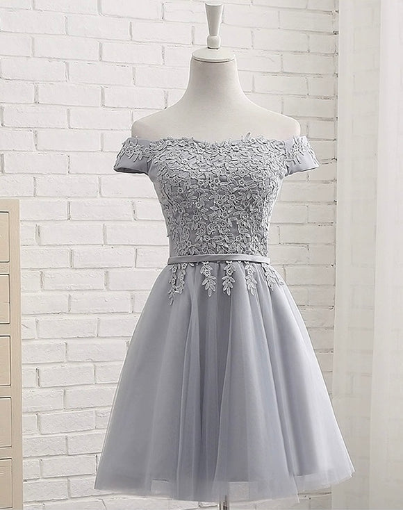 Gray A-line Party Dresses, Short  Prom Dresses,  Off-the-shoulder Silver Prom Dress