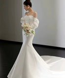 Off shoulder Wedding Dress, Simple Small Train Dress, Slim Bodycon Dress