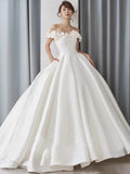 Satin  Wedding Dress ,off Shoulder Bridal Wedding Dress, Flower  Dream Wedding Dress
