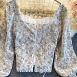 Spring style, floral blouse with lace square collar, short long-sleeve top