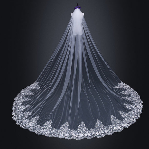 Long bridal veil, water-soluble lace bridal veil