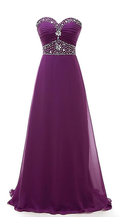 Women's beaded chiffon gown, strapless prom dress, slimming party evening gown