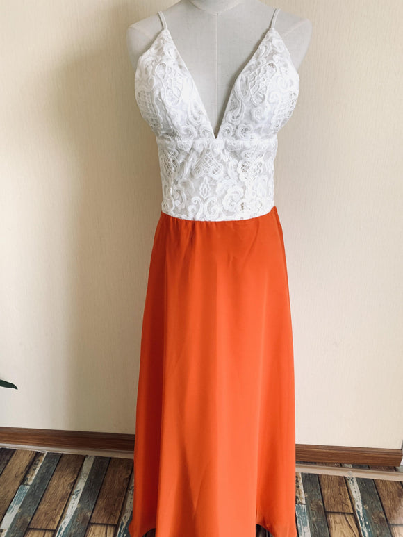 Spaghetti straps prom dress,orange party dress,maxi dress with lace,backless dress