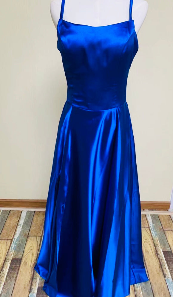 spaghetti straps evening dress,royal blue party dress,sexy maxi dress, glossy satin dress