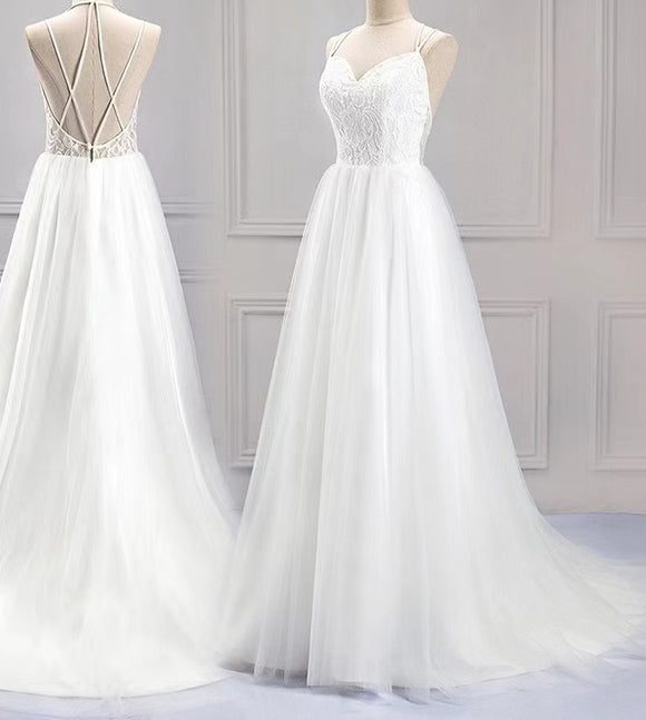 Spaghetti strap wedding dress ,backless,white simple bridal dress