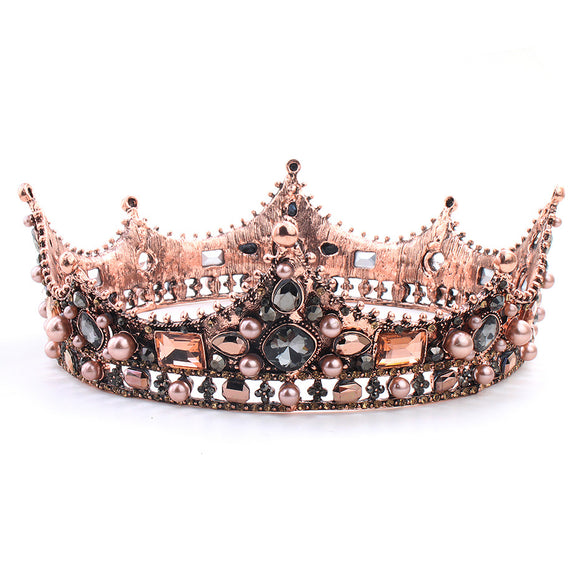 Bride tiara, retro round crown, Baroque crystal pearl alloy crown