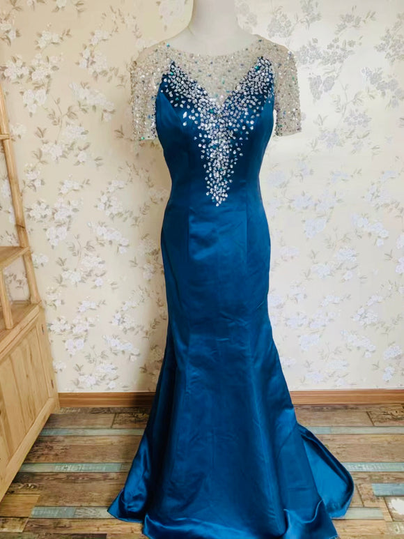 Short sleeve prom dress, blue party dress, formal wedding guest dress