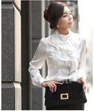 Professional OL, ladies stand collar with flounces, long sleeve base shirt