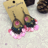 Vintage Bohemian ethnic earrings, beach shell fringe long earrings