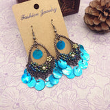 Vintage Bohemian ethnic earrings, beach shell fringe long earrings