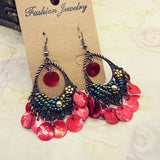 Vintage Bohemian ethnic earrings, beach shell fringe long earrings