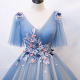 color gauze bouffant dress, performance dress, blue party dress, V-neck ball gown