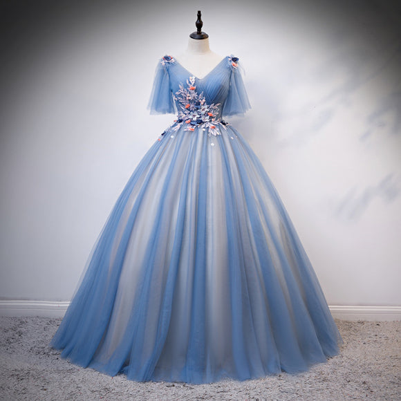 color gauze bouffant dress, performance dress, blue party dress, V-neck ball gown