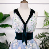 stage performance dress, blue evening dress, V-neck bouffant dress