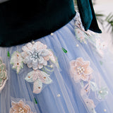 stage performance dress, blue evening dress, V-neck bouffant dress