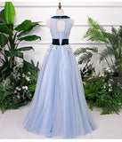 stage performance dress, blue evening dress, V-neck bouffant dress