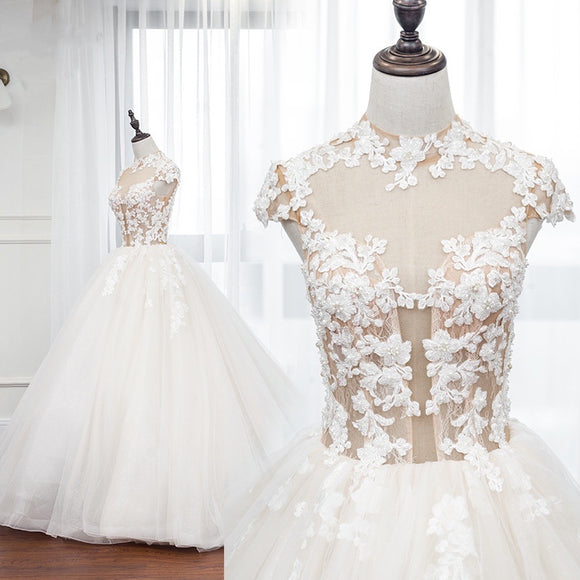 simple lace bridal dress, decal applique wedding dress with train, illusion backless bridal dress