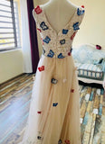 v-neck prom dress , champagne party dress,charming dress with butterfly applique
