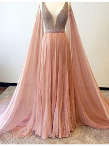 Long Pink V Neck Crystal Sexy Prom Dress,Beaded Prom Dresses,Long Evening Dress,Formal Gown