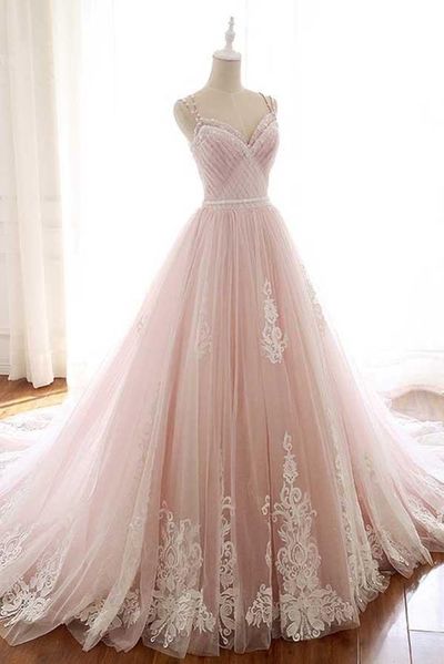 Pink evening dress Straps evening dress Tulle Prom Dress with Lace Appliques wedding dress