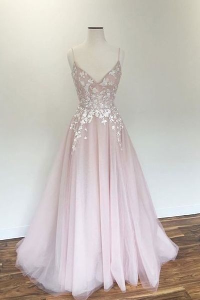 Spaghetti prom dress, Light pink party dress, v neck prom dress, tulle applique long prom dress, pink evening dress