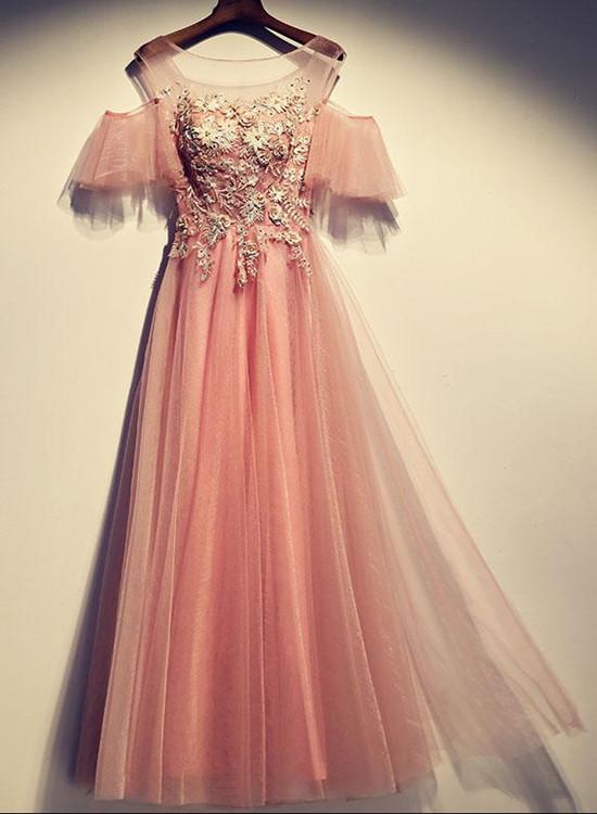 Dark pink party dress ,off shoulder evening dress ,tulle applique prom dress