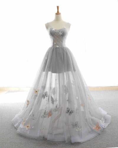 Gray tulle sparkly long  prom dress, cute party dress , embroidery applique dress