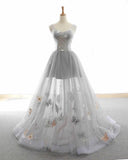 Gray tulle sparkly long  prom dress, cute party dress , embroidery applique dress
