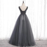 Dark grey party dress ,v neck evening dress ,tulle beading formal dress ,backless long prom dress