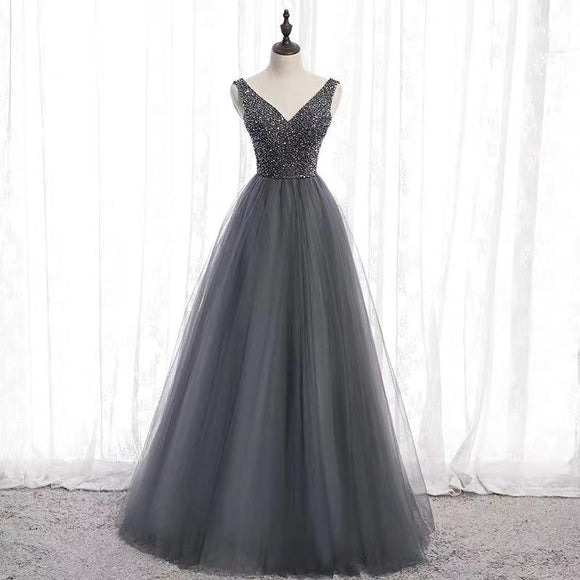 Dark grey party dress ,v neck evening dress ,tulle beading formal dress ,backless long prom dress