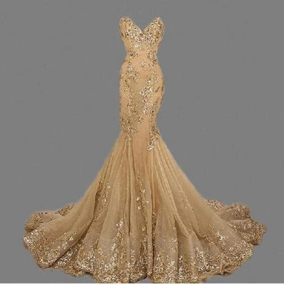 Sexy Sweetheart Gold Lace Beaded Mermaid Long Evening Prom Dresses