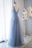 Blue tulle long prom dress, fairy evening dress,spaghetti straps prom dress