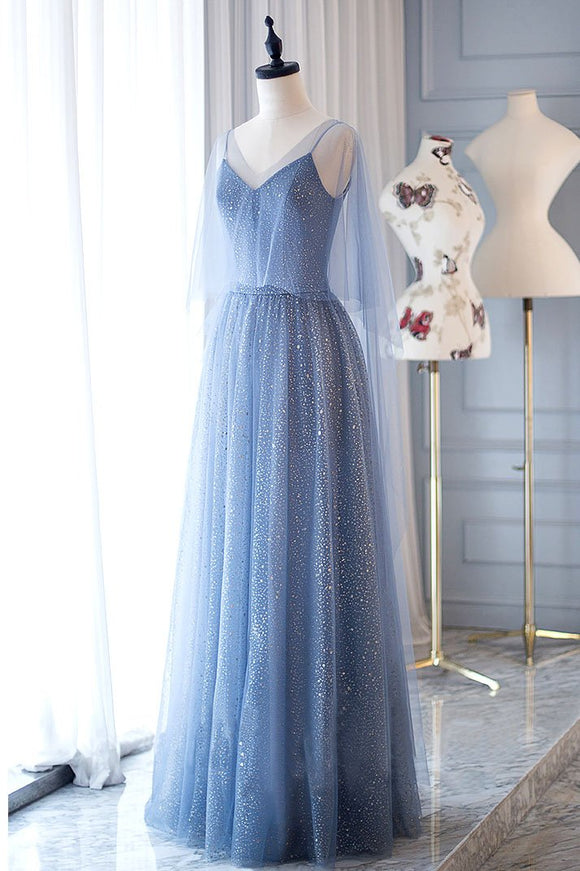 Blue tulle long prom dress, fairy evening dress,spaghetti straps prom dress