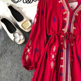 Bohemian, ethnic , cotton and linen dress, embroidered red dress, holiday beach dress