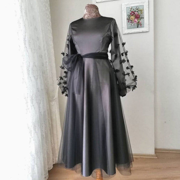 Elegant gray long-sleeve dress, petal-trimmed gown dress, knee-length gown dress