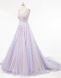 Lavender ball gown prom dress with Beads,back party dress,  appliques dress