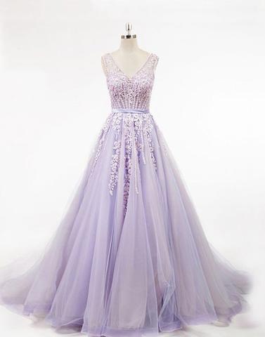 Lavender ball gown prom dress with Beads,back party dress,  appliques dress