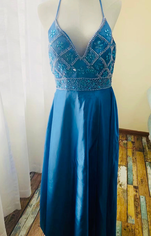 spaghetti straps evening dress,blue party dress,sexy prom dress,manual nail bead