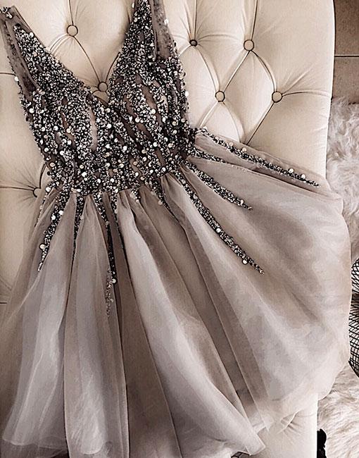 Gray V-Neck Beaded Tulle Homecoming Dress,Short A-Line Prom Dress