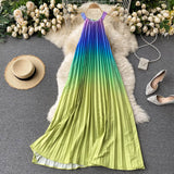 Holiday shoot, round neck, rainbow gradient, pleated dress