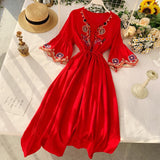 Bohemian folk dress,embroidered maxi dress,short sleeve dress